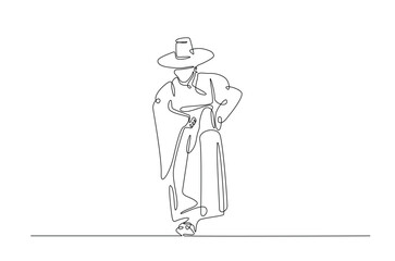 Man wearing hanbok with hat or heuklip in continuous one line drawing. Single line art draw of Korean Man wearing traditional cloth . Editable vector.