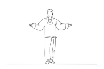 Man wearing modern hanbok in continuous one line drawing. Single line art draw of Korean Man jacket . Editable vector.