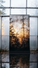 Naklejka premium Misty Forest Sunrise Golden Hour Landscape Photography Print