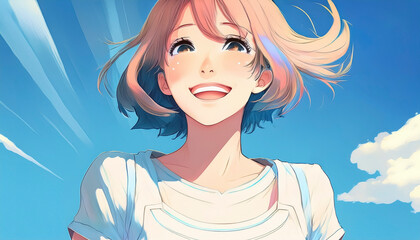 春　アニメ・漫画風の女の子　さわやかで元気なイメージ　青空と雲の背景　風に髪をなびかせ笑顔で前を向く　学生・新社会人・希望・旅行・嬉しい表情・休日・解放的・喜び・始まり