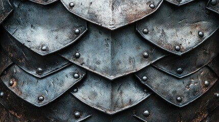 Close-up of medieval metal armor scales.