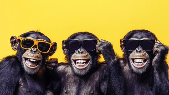 Three chimps wearing sunglasses, yellow background, fun, animals