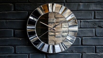 Modern mirrored wall clock on a dark brick wall.