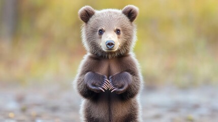Fototapeta premium Adorable brown bear cub standing on hind legs in autumn forest. (2)