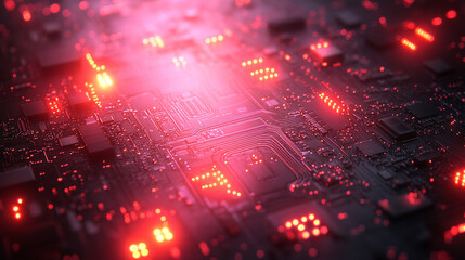 Hi-tech futuristic CPU chip on motherboard with transparent sheath over capacitor, glossy red core, modern technology background, minimalistic, bright tones, blurred space