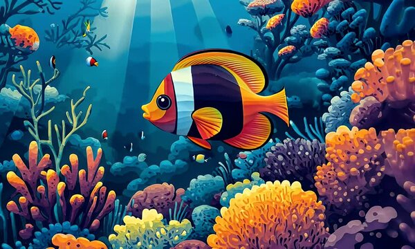 Clownfish swimming coral reef ocean underwater illustration