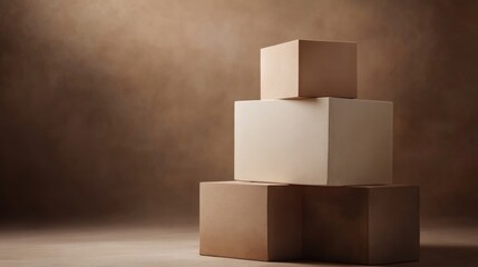 Isolated image of a minimalist house in warm cream and brown shades, set against a dark, moody background.