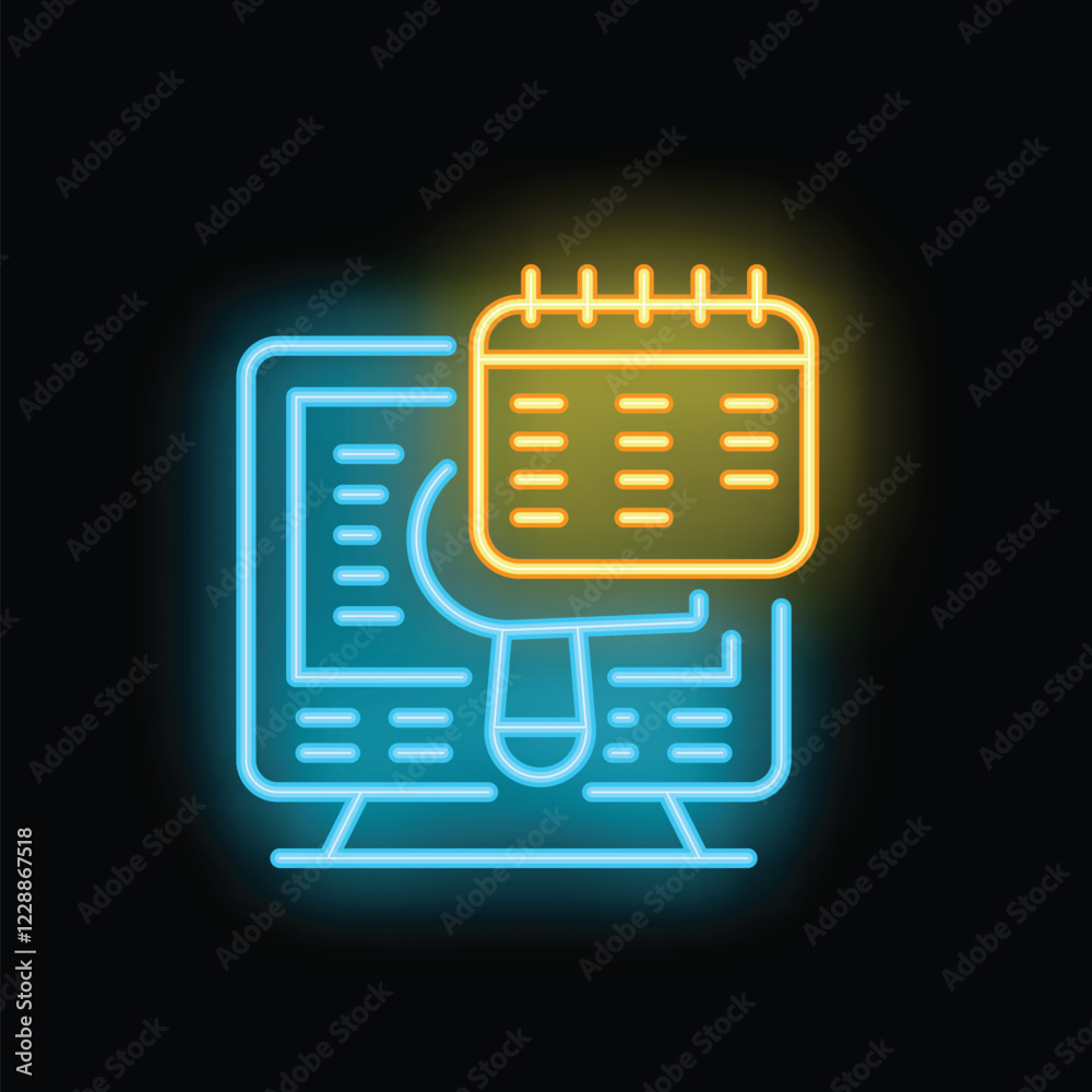 Poster neon style icon of computer mouse clicking on calendar icon displayed on computer screen representin