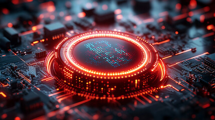 Hi-tech futuristic CPU chip on motherboard with transparent sheath over capacitor, glossy red core, modern technology background, minimalistic, bright tones, blurred space