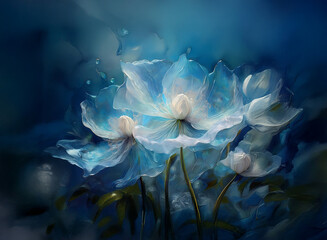 Luminous blue flowers, glistening with water droplets, bloom in a dark, moody setting.  The soft light illuminates their delicate petals, creating a magical ambiance.