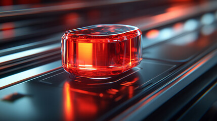 Hi-tech futuristic CPU chip on motherboard with transparent sheath over capacitor, glossy red core, modern technology background, minimalistic, bright tones, blurred space