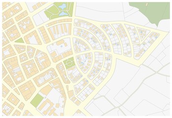 Imaginary cadastral map of an area with buildings and streets