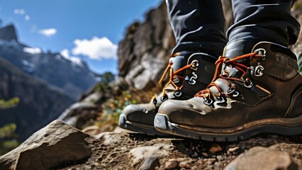 Hikers boots perched on a craggy trail, AI generated