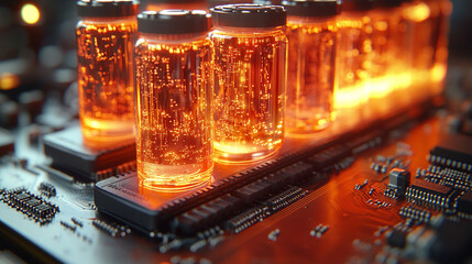 Hi-tech futuristic CPU chip on motherboard with transparent sheath over capacitor, glossy red core, modern technology background, minimalistic, bright tones, blurred space