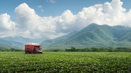 Fototapeta premium Red tractor in field, mountain backdrop, sunny day, agriculture