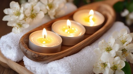 Spa candles burning, flowers, towels, wooden tray, relaxation