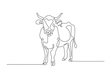 Cow in continuous one line drawing. Single line art draw of cow or bull. Editable vector.