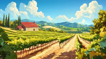 Naklejka premium Tuscan Vineyard Summer Landscape Dirt road between rows of grapevines, a farmhouse, and rolling hills under a bright sky. Ideal for travel brochures