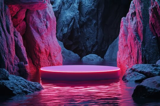 A serene backdrop of jagged rocks and a waterbed highlights an oval-shaped podium with glowing crimson neon light.