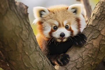 Obraz premium Cute red panda bear in tree. KI generiert, generiert, AI generated