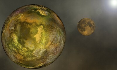 High resolution digitally created image of planet mars with moon and Sun