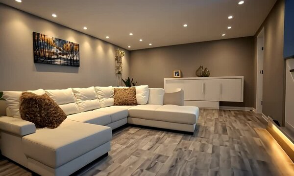 Modern basement lounge, stairs, recessed lighting, artwork