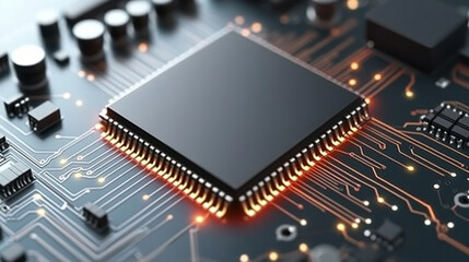 Hi-tech futuristic CPU chip on motherboard with transparent sheath over capacitor, glossy red core, modern technology background, minimalistic, bright tones, blurred space