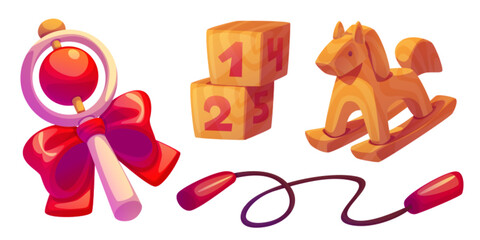 Wooden toys collection with numbered education blocks, rocking horse, rattle with red bow, jumping rope. Eco developmental playthings for preschool learning games and child entertainment activities.