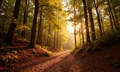 Fototapeta premium A dense forest with mocha mousse-colored trees stretching tall above, their leaves glowing in the soft, golden light. The forest