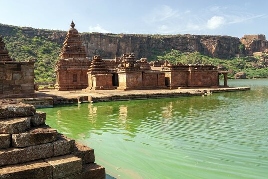 Bhutanatha Temple near the eastern bank of the ancient Agasthya tirtha tank in Badami, Karnataka, South India, India, Asia