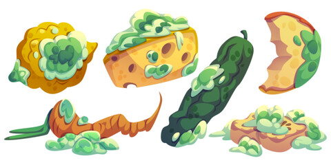 Fototapeta premium Rotten food with moldy lemon, cheese slice in fungus, decomposed carrot with green spots, spoiled cucumber, apple with decay patches. Set of deteriorated products with various stages of decomposition.