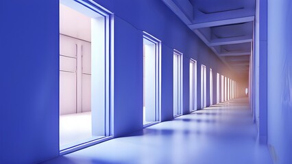 Windows aligned within an elongated tunnel permeated with gradients of light blue hues, AI generated