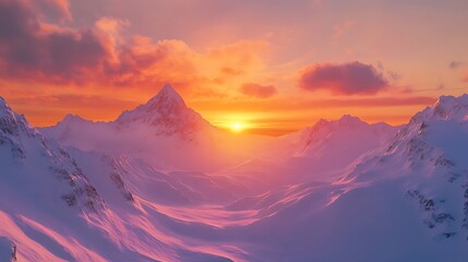 Snowy mountain landscape glowing under a warm orange and pink sunset