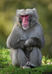Japanese macaque (Macaca fuscata) sits in the grass, captive