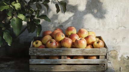 Rustic Apple Harvest: A weathered wooden crate overflowing with ripe, red and yellow apples sits against a rustic stone wall, bathed in dappled sunlight.