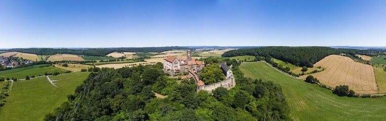 Obraz premium Aerial view, castle Ronneburg, community Ronneburg, Main-Kinzig-Kreis, Wetterau, Hesse, Germany, Europe