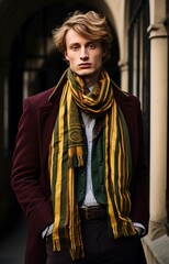Fashionable man in urban setting, hands in pockets, sporting a long striped scarf and layered burgundy and green outerwear
