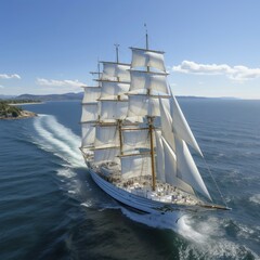 Aerial view modern multi-masted cruise sailing ship, AI generated