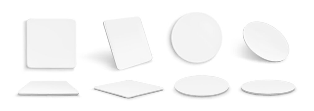 Drink coasters mockup set - white clean square and round beverage mats shown from different angles with realistic shadows. Blank templates for company branding and home protection accessories.