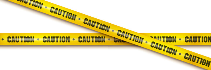 Yellow caution barrier tape with black text crossed over white background - warning stripe pattern repeated on plastic ribbon. Safety and hazard notification element for restricted area marking.