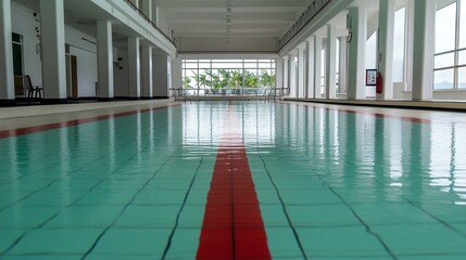 Fototapeta premium Bright Indoor Pool with Red Lane Dividers and Tropical View
