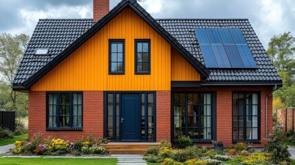 Obraz premium Suburban solar home, autumn, landscaping, energy