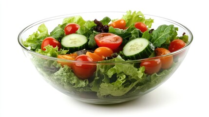 A fresh salad with mixed greens, cherry tomatoes, cucumbers, and olive oil dressing in a glass bowl, symbolizing healthy eating during pregnancy. Vibrant colors.