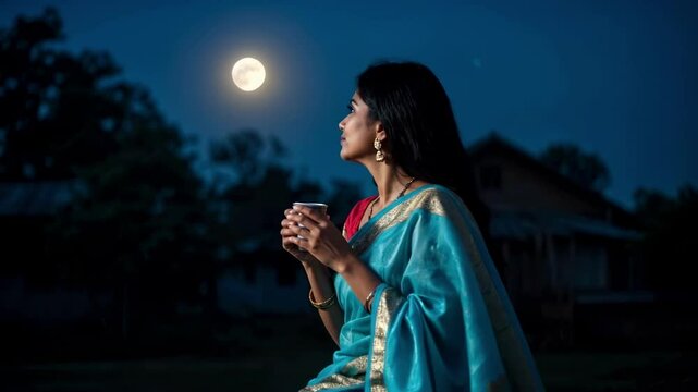 Indian housewife in traditional attire gazing at a full moon, holding a cup, with a serene village backdrop