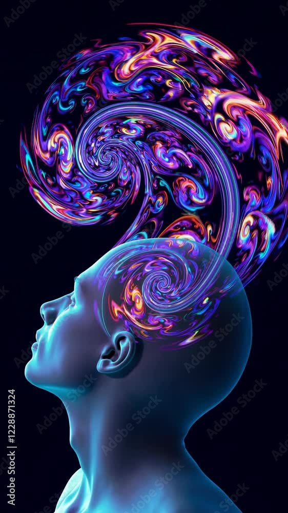 Aufkleber A close-up abstract figure with swirling fractal patterns emanating from the top of the head, cycling through luminous colors to symbolize boundless thought.

