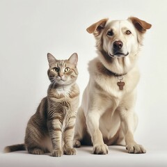 Obraz premium Dog and cat sit peacefully next to each other, AI generated