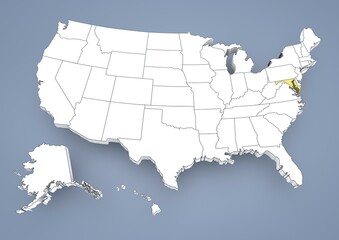 Maryland, MD, highlighted on a contour map of USA, United States of America, 3D illustration