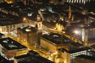 View from the Main Tower to illuminated Paulskirche, night view, Frankfurt am Main, Hesse, Germany, Europe