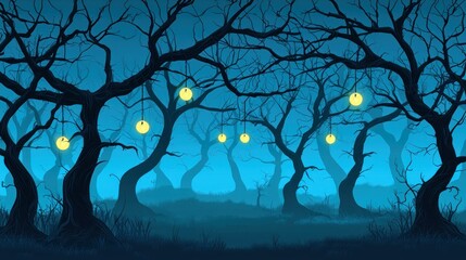 Eerie glowing forest, night scene, spooky background, Halloween design