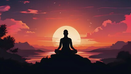 Illustration of a yoga pose silhouette in calm harmony bathed in the breathtaking palette of a sunset, AI generated